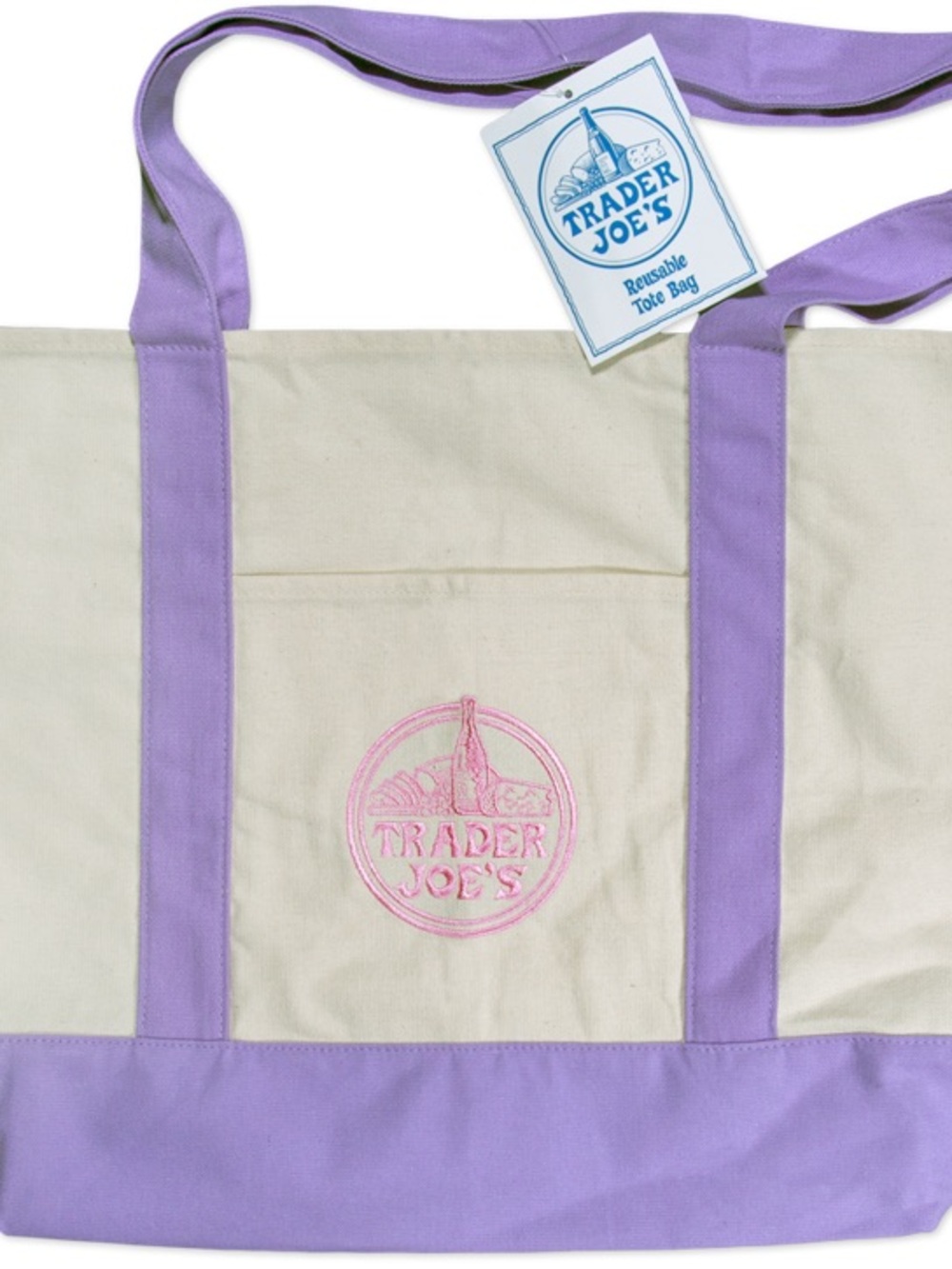 Trader Joe's Canvas Large Tote Bag in Cream and Lavender - Picture 2 of 5